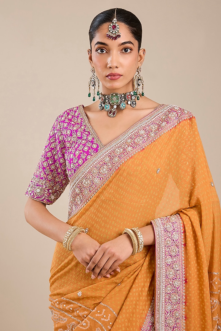 Orange Silk Georgette Bridal Saree Set by Faabiiana at Pernia's Pop Up Shop