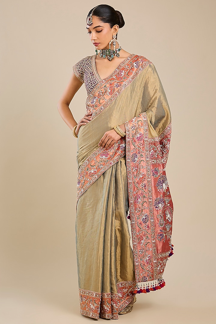 Beige Silk Pathani Tissue Bridal Saree Set by Faabiiana at Pernia's Pop Up Shop