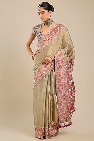 Beige Silk Pathani Tissue Saree Set by Faabiiana