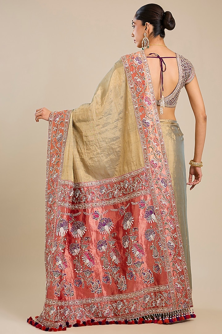 Beige Silk Pathani Tissue Bridal Saree Set by Faabiiana at Pernia's Pop Up Shop