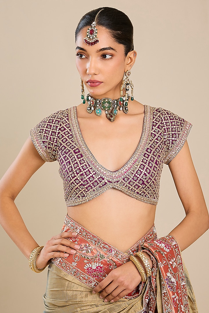 Beige Silk Pathani Tissue Bridal Saree Set by Faabiiana at Pernia's Pop Up Shop