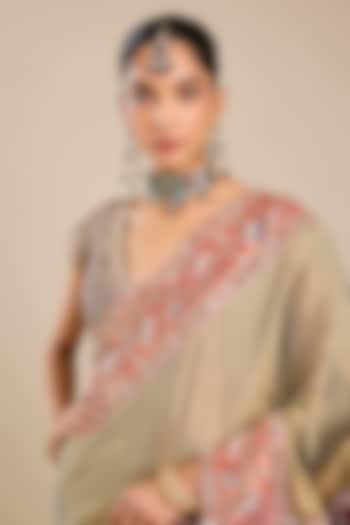Beige Silk Pathani Tissue Bridal Saree Set by Faabiiana at Pernia's Pop Up Shop