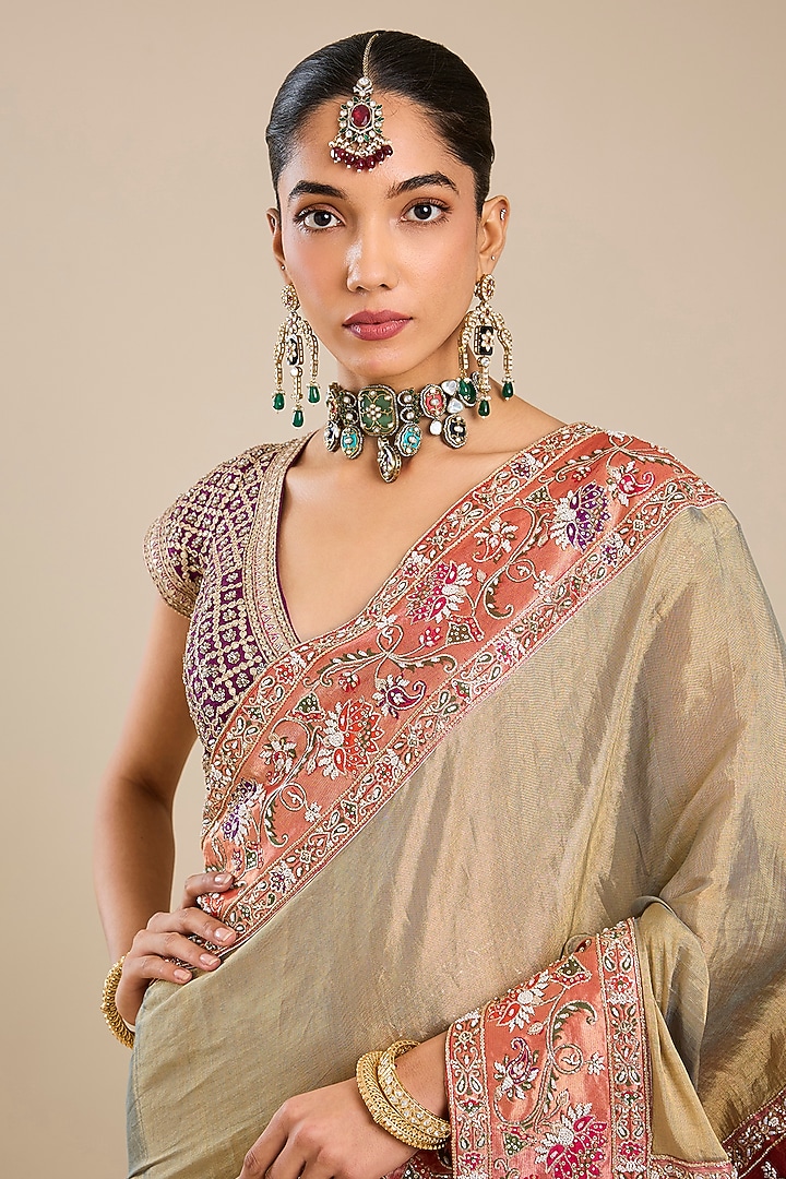 Beige Silk Pathani Tissue Bridal Saree Set by Faabiiana at Pernia's Pop Up Shop