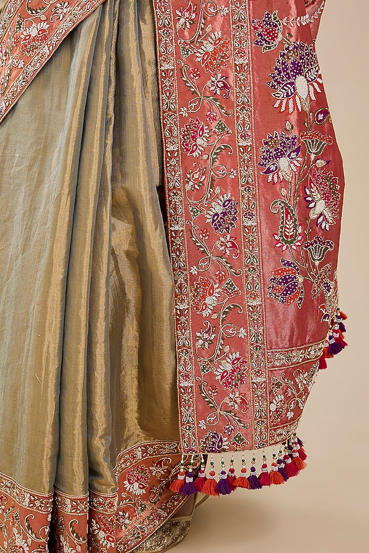 Beige Silk Pathani Tissue Bridal Saree Set by Faabiiana at Pernia's Pop Up Shop