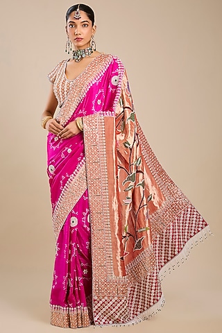 Rani Pink Gajji Silk Saree Set by Faabiiana