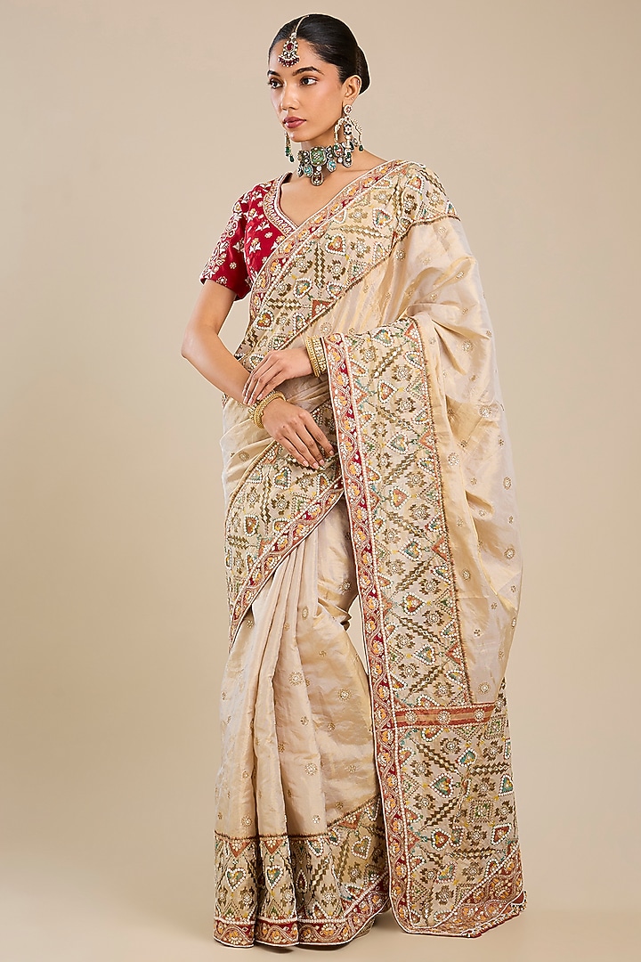 Beige Silk Patola Bridal Saree Set by Faabiiana at Pernia's Pop Up Shop