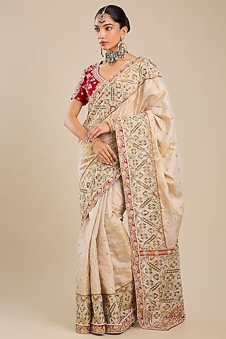 Beige Silk Patola Saree Set by Faabiiana