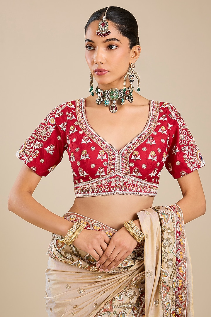 Beige Silk Patola Bridal Saree Set by Faabiiana at Pernia's Pop Up Shop