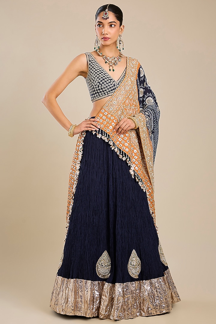 Navy Blue Silk Habotai Bridal Lehenga Set by Faabiiana at Pernia's Pop Up Shop