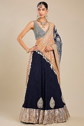 Navy Blue Silk Habotai Lehenga Set by Faabiiana