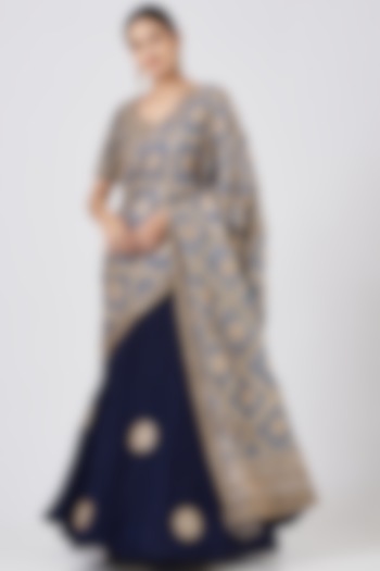 Dark Navy Blue Crushed Silk Bridal Lehenga Saree Set by Faabiiana at Pernia's Pop Up Shop