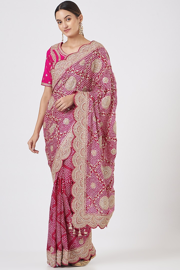 Rani Pink Embroidered Silk Saree Set by Faabiiana