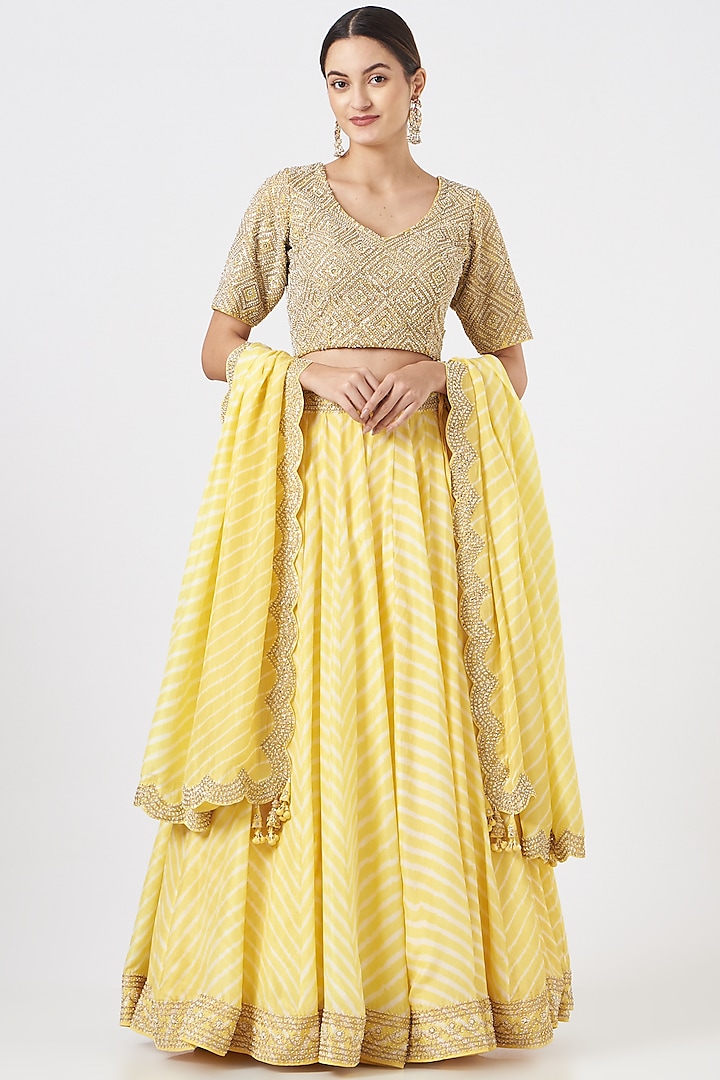 Butter Yellow Printed & Embroidered Lehenga Set by Faabiiana