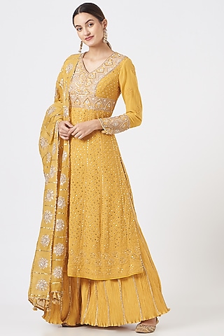 Mustard Yellow Chikankari Anarkali Set by Faabiiana