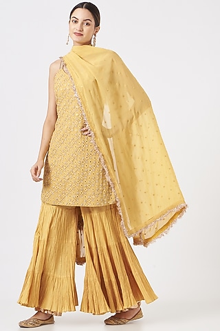 Mustard Yellow Crushed Cotton Sharara Set by Faabiiana