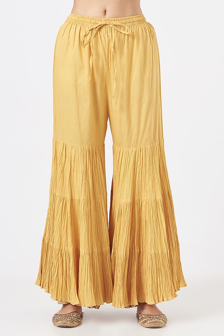 Mustard Yellow Crushed Cotton Bridal Sharara Set by Faabiiana at Pernia's Pop Up Shop
