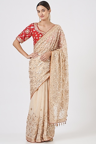 Nude Embroidered Saree Set by Faabiiana