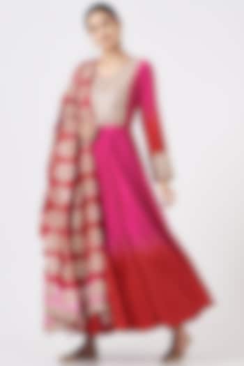 Cherry Red & Pink Cotton Silk Anarkali Set by Faabiiana