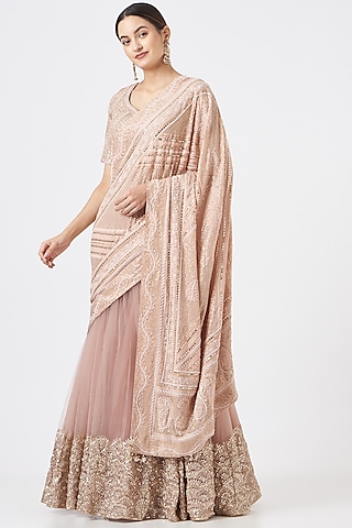 Onion Pink Crushed Silk & Chikankari Lehenga Saree Set by Faabiiana