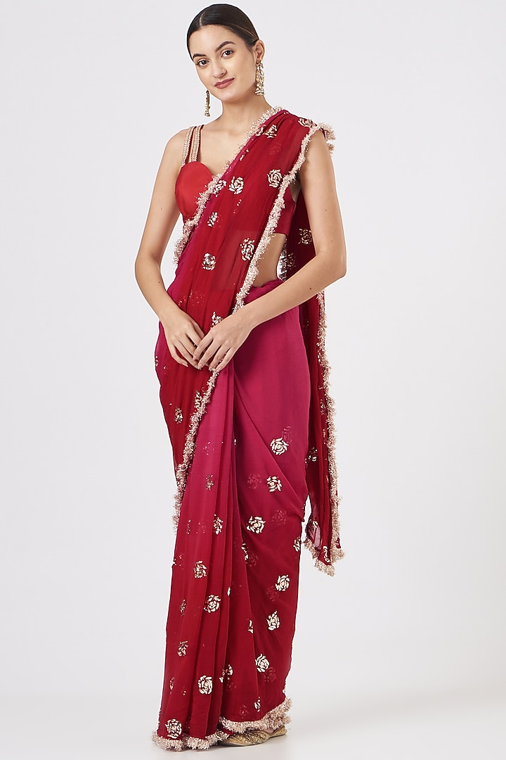 Cadmium Red Georgette Saree Set by Faabiiana
