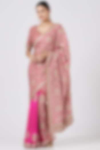 Cherry Red & Pink Embroidered Silk Bridal Saree Set by Faabiiana at Pernia's Pop Up Shop