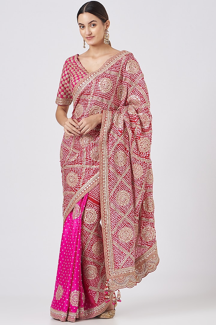 Cherry Red & Pink Embroidered Silk Saree Set by Faabiiana