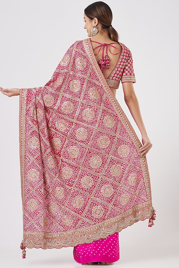 Cherry Red & Pink Embroidered Silk Bridal Saree Set by Faabiiana at Pernia's Pop Up Shop