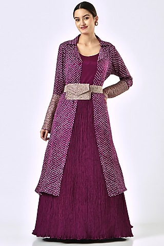 Plum Bandhani Jacket Dress With Belt by Faabiiana
