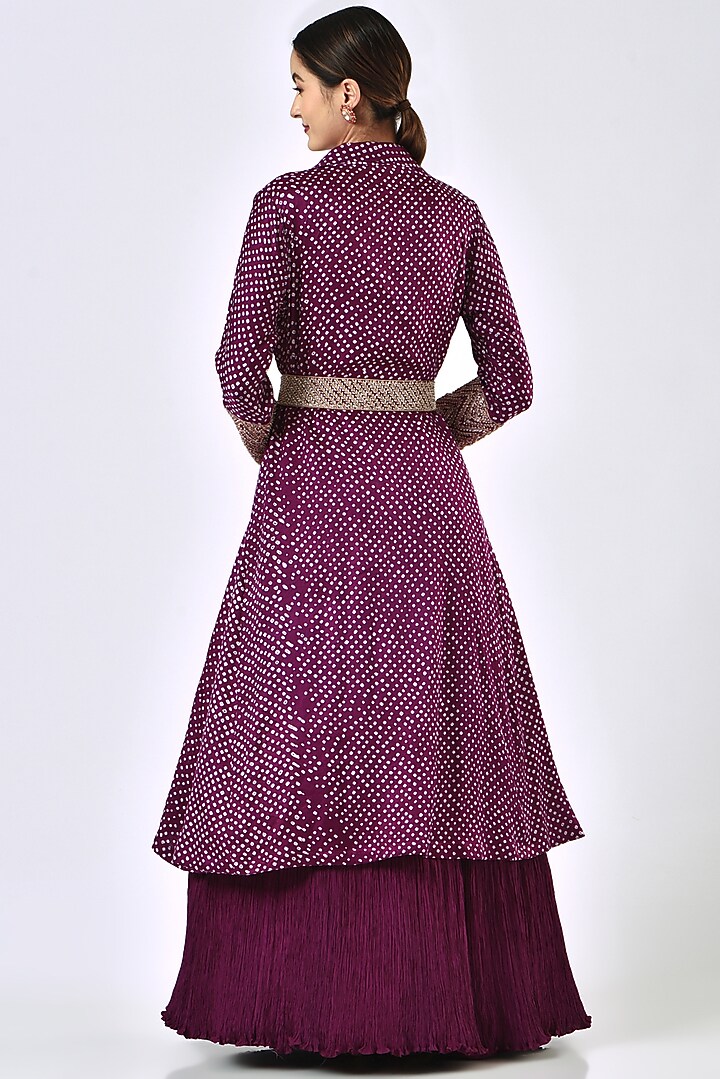 Plum Bandhani Jacket Party Wear Dress With Belt by Faabiiana at Pernia's Pop Up Shop