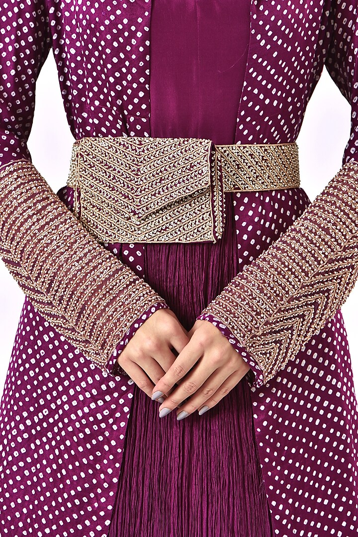 Plum Bandhani Jacket Party Wear Dress With Belt by Faabiiana at Pernia's Pop Up Shop