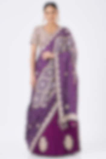 Purple Crushed Silk Bridal Lehenga Saree Set by Faabiiana at Pernia's Pop Up Shop