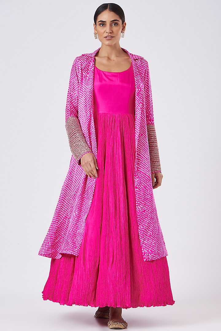 Fluorescent Pink Bandhani Jacket With Inner by Faabiiana