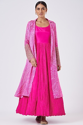 Fluorescent Pink Bandhani Jacket With Inner by Faabiiana