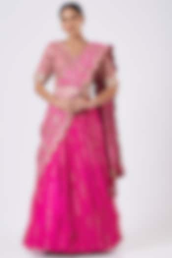 Fluorescent Pink Silk Lehenga Saree Set With Belt by Faabiiana