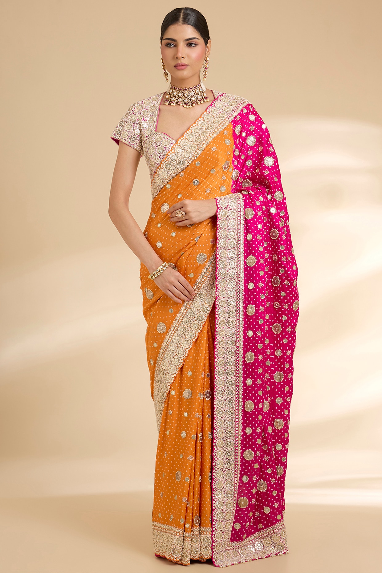 Faabiiana Orange Gajji Silk Embroidered Saree Set
