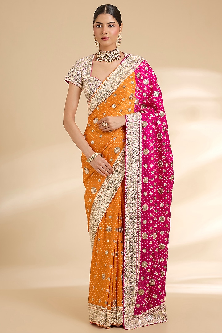 Orange Gajji Silk Embroidered Bridal Saree Set by Faabiiana at Pernia's Pop Up Shop