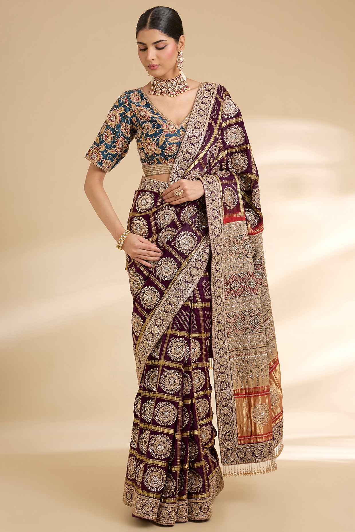 Faabiiana Purple Gajji Silk Embroidered Saree Set