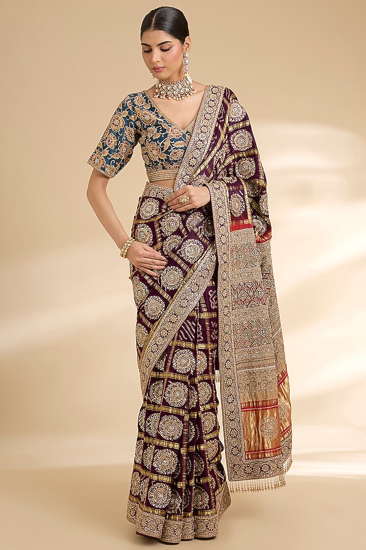 Purple Gajji Silk Embroidered Bridal Saree Set by Faabiiana at Pernia's Pop Up Shop
