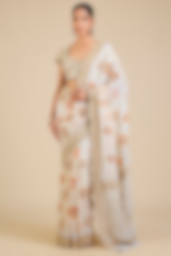 Ivory Georgette Bandhani Bridal Saree Set by Faabiiana at Pernia's Pop Up Shop