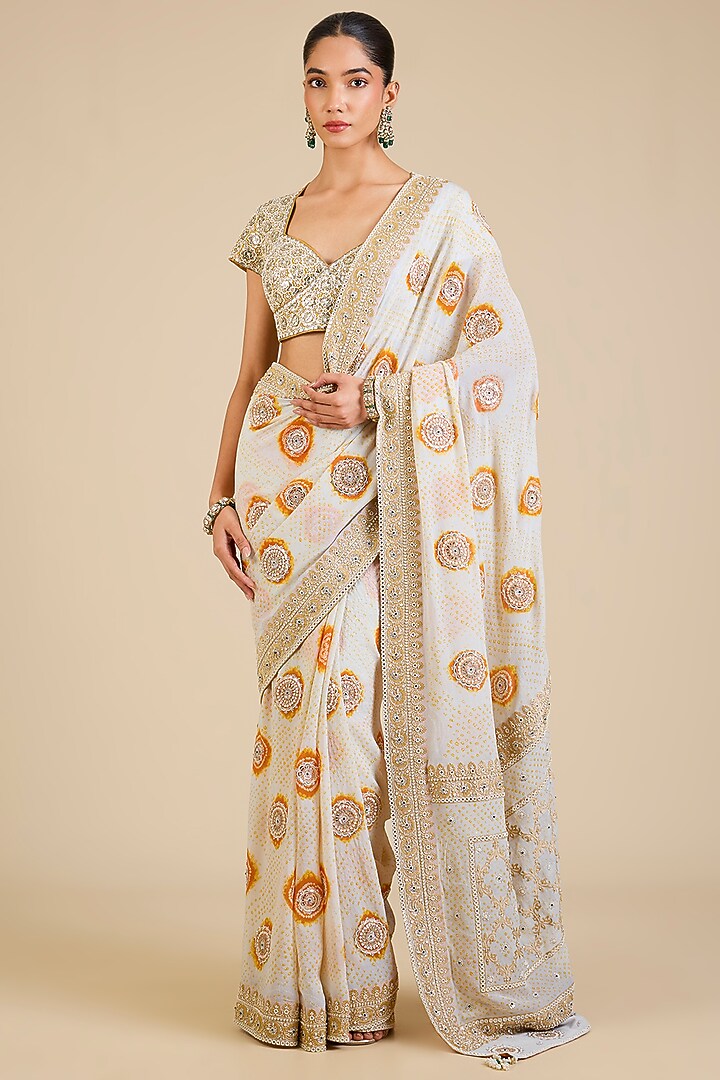 Ivory Georgette Bandhani Bridal Saree Set by Faabiiana at Pernia's Pop Up Shop