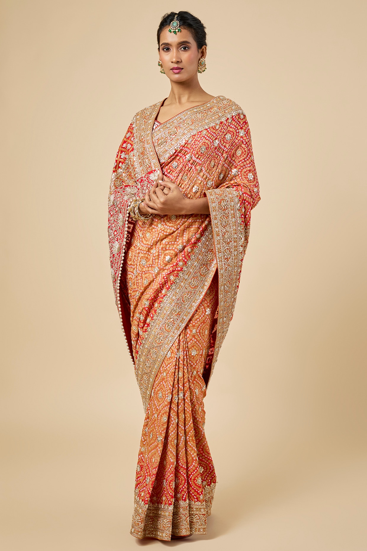 Faabiiana Orange Georgette Banarasi Bandhani Saree Set