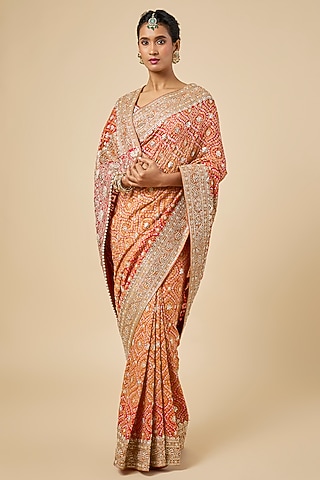 Orange Georgette Banarasi Bandhani Saree Set by Faabiiana