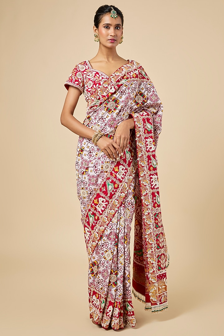 Ivory & Red Silk Patola Bridal Saree Set by Faabiiana at Pernia's Pop Up Shop