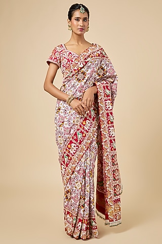 Ivory & Red Silk Patola Saree Set by Faabiiana