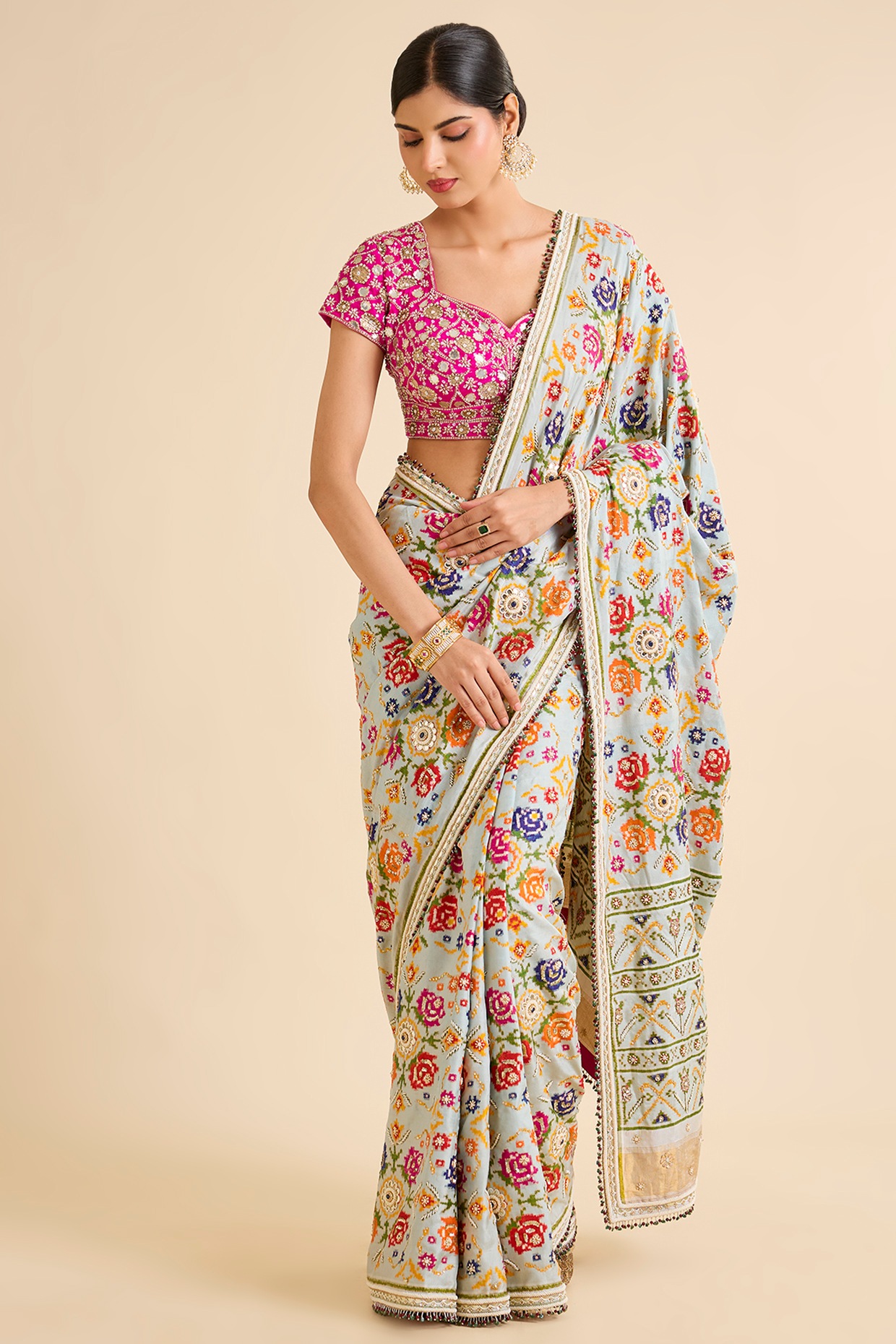 Faabiiana Ice Blue Patola Embroidered Saree Set