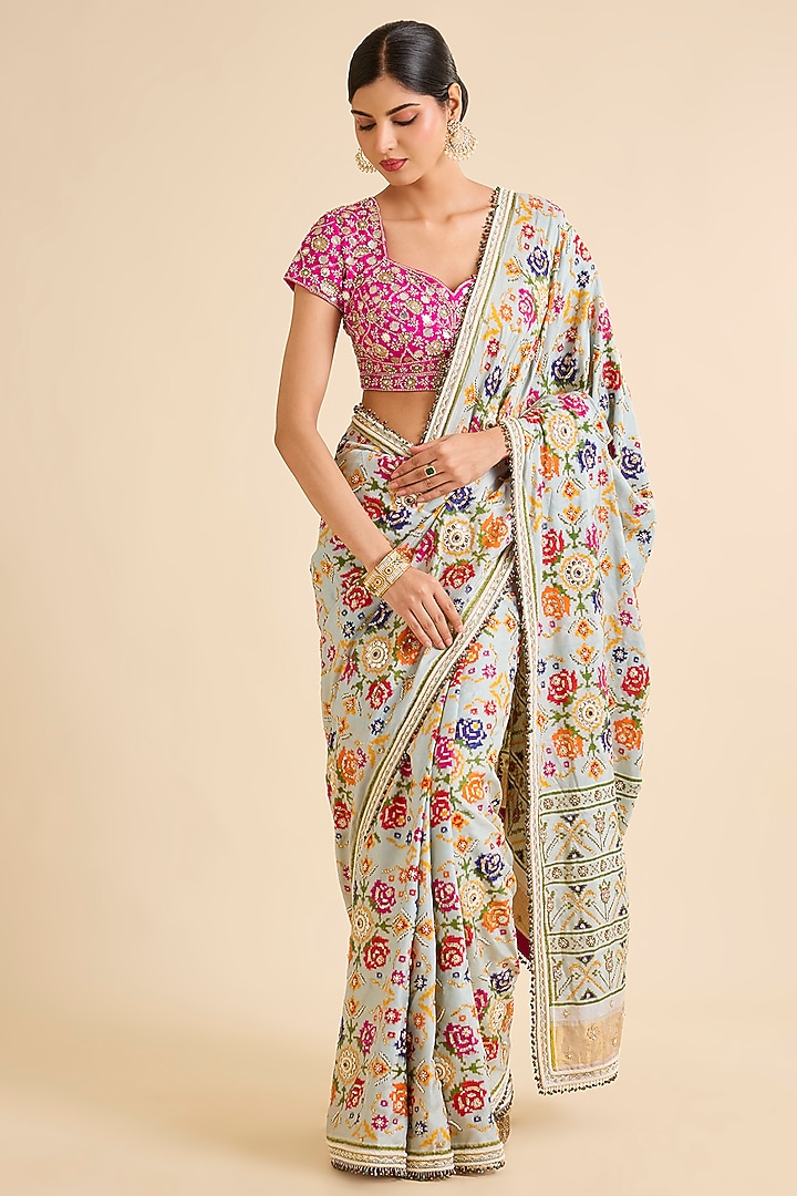 Ice Blue Patola Embroidered Bridal Saree Set by Faabiiana at Pernia's Pop Up Shop