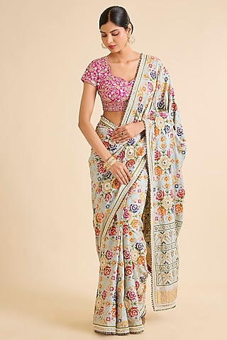 Ice Blue Patola Embroidered Saree Set by Faabiiana