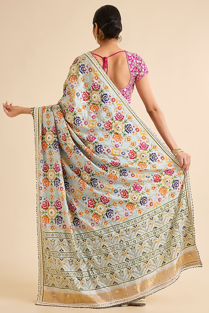 Ice Blue Patola Embroidered Bridal Saree Set by Faabiiana at Pernia's Pop Up Shop