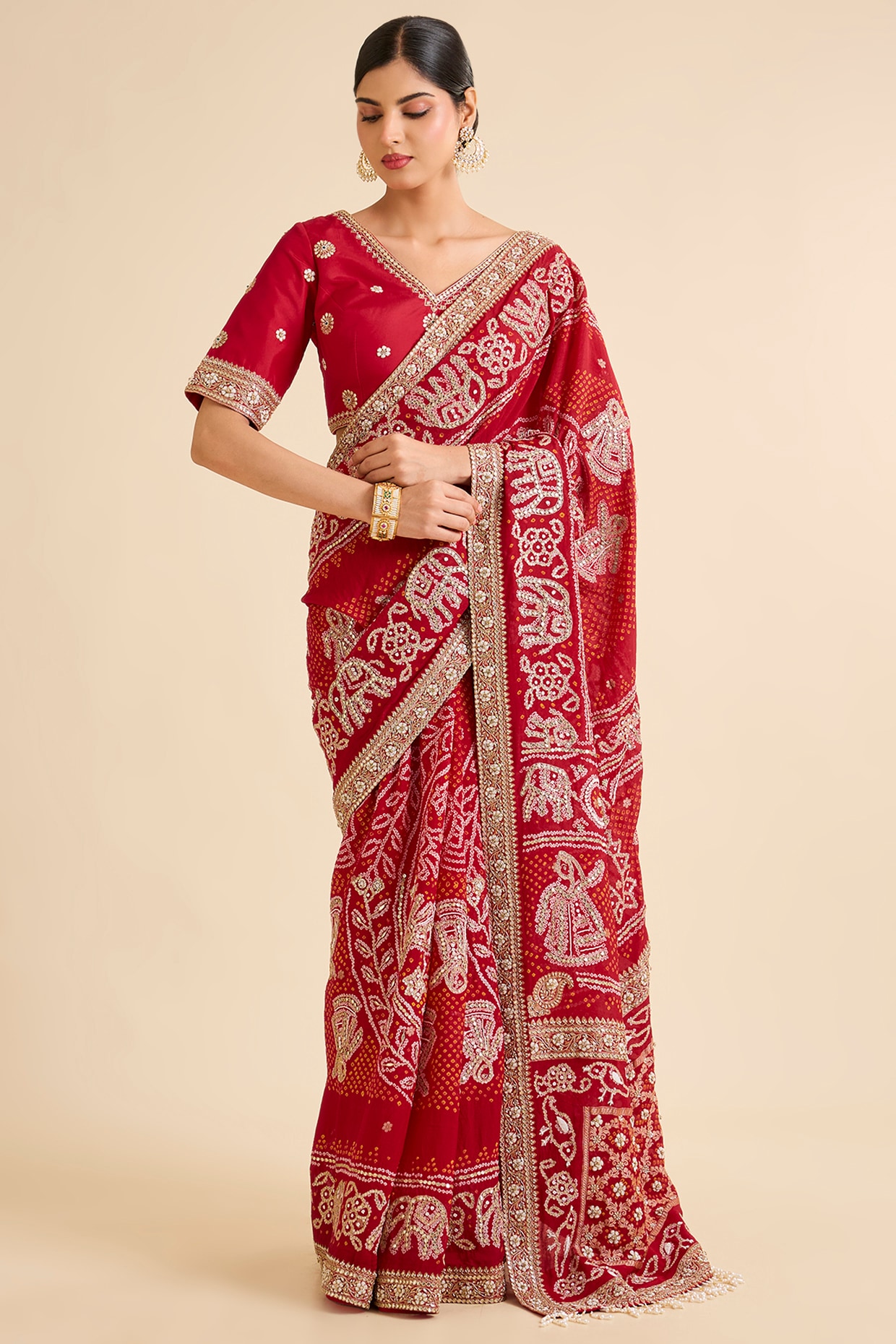 Faabiiana Red Georgette Embroidered Bandhani Saree Set