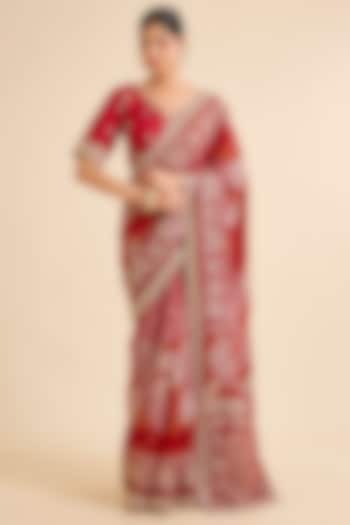 Red Georgette Embroidered Bandhani Bridal Saree Set by Faabiiana at Pernia's Pop Up Shop